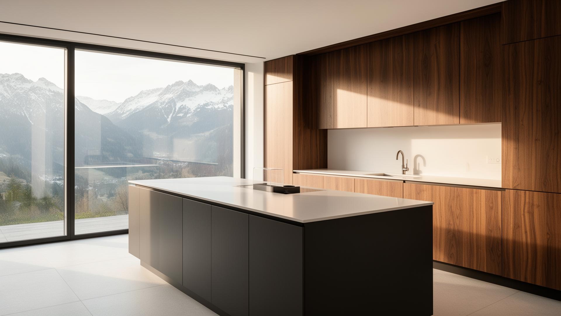 Exklusive moderne Küche mit Walnuss-Holz und Anthrazit-Insel mit Blick auf die Schweizer Alpen
